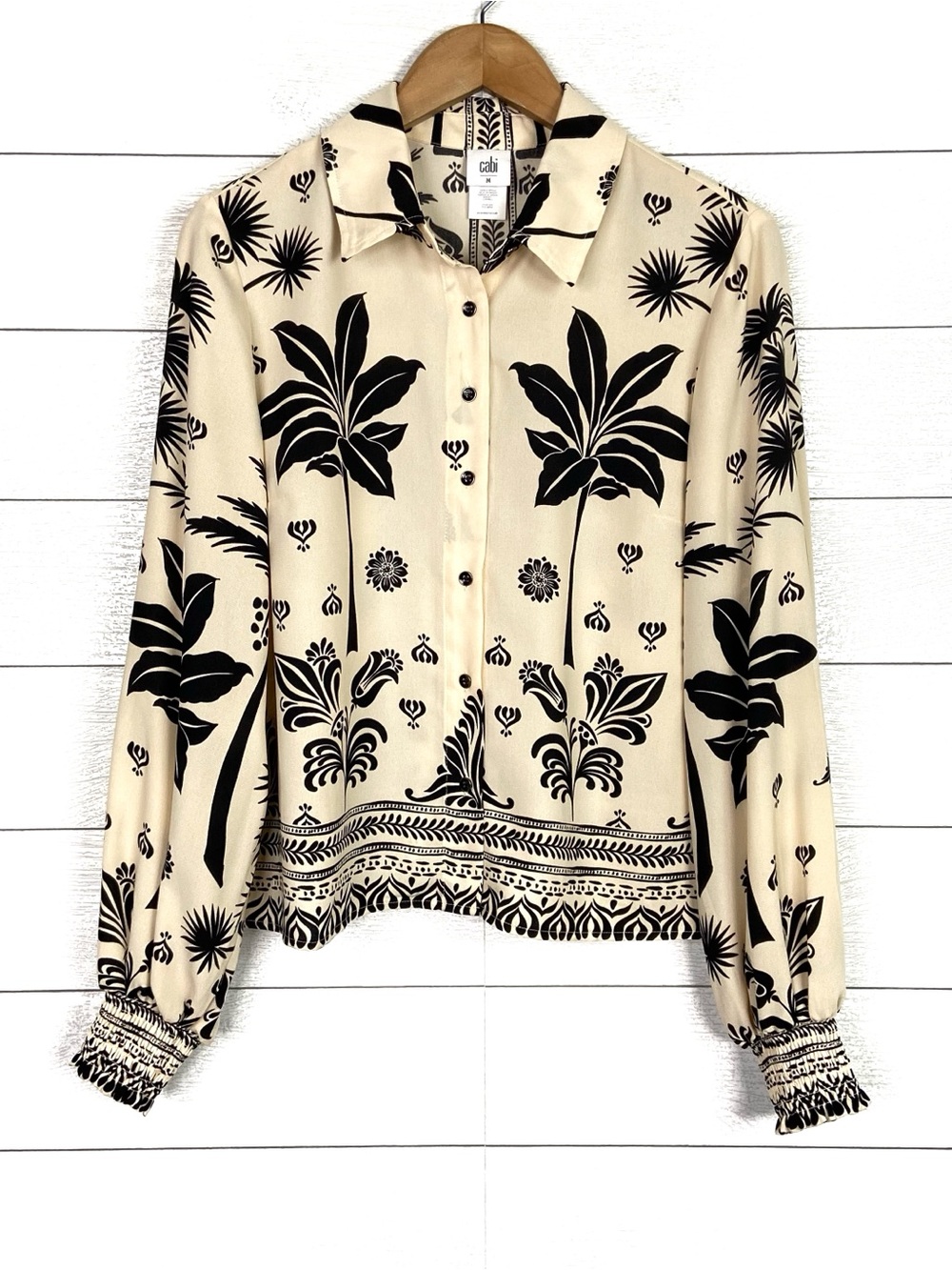 Cabi 6625 Marrakesh Top Print Cream Black Long Sleeve Blouse Vacation Medium